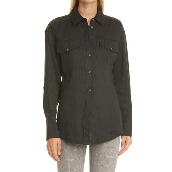 FRAME Arie Linen Blend Button Down Shirt Black Noir Long Sleeve Cutaway L - Picture 10 of 10